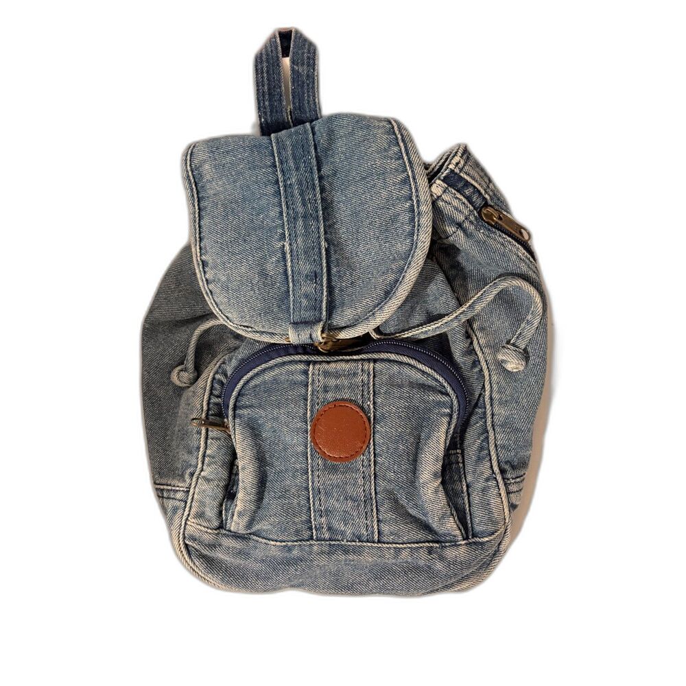 Y2K Denim Mini Backpack Drawstring Slouchy Blue Acid Wash Grunge Festival 90s